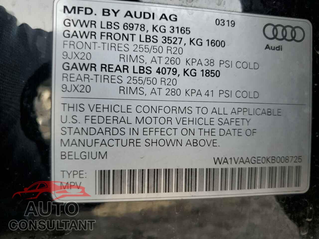 AUDI E-TRON 2019 - WA1VAAGE0KB008725