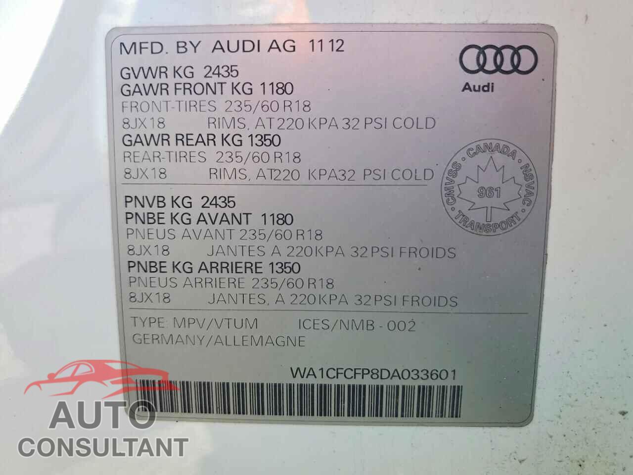 AUDI Q5 2013 - WA1CFCFP8DA033601