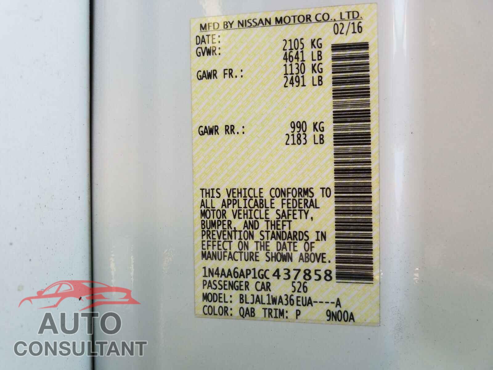 NISSAN MAXIMA 2016 - 1N4AA6AP1GC437858