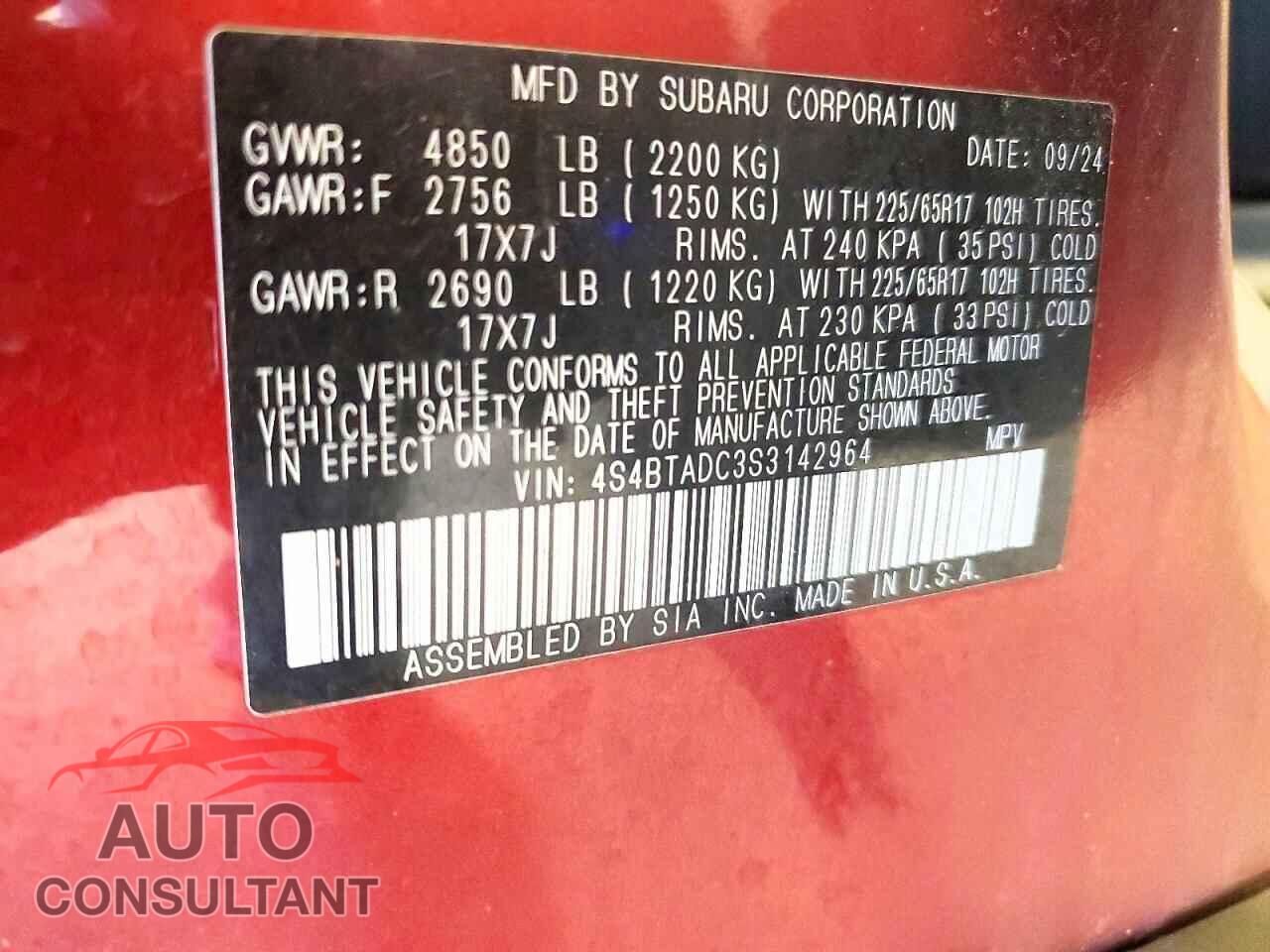 SUBARU OUTBACK 2025 - 4S4BTADC3S3142964