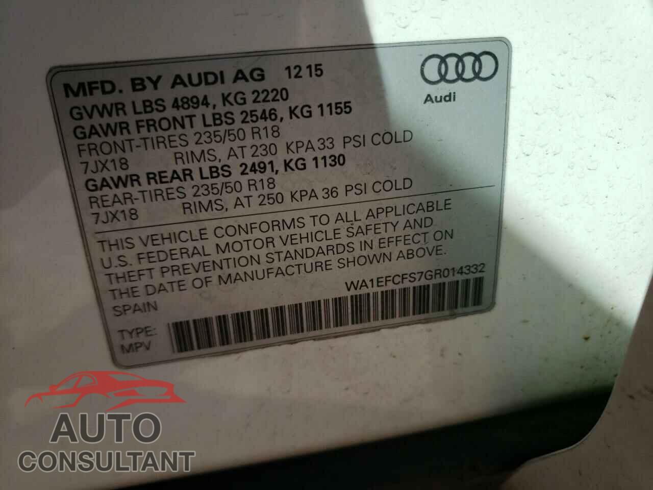 AUDI Q3 2016 - WA1EFCFS7GR014332