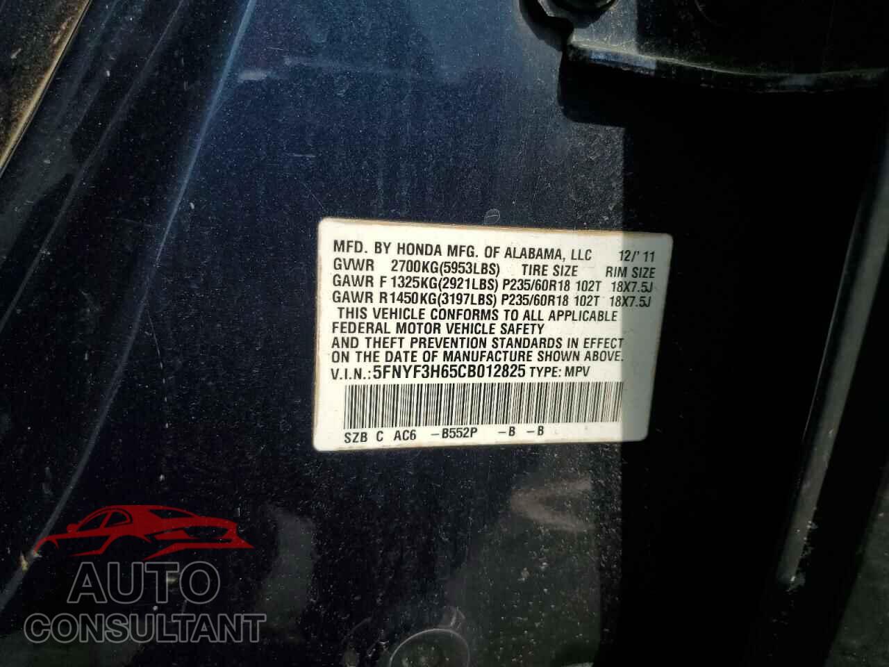 HONDA PILOT 2012 - 5FNYF3H65CB012825