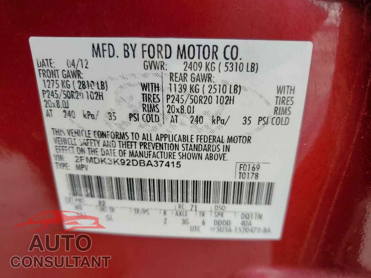 FORD EDGE 2013 - 2FMDK3K92DBA37415
