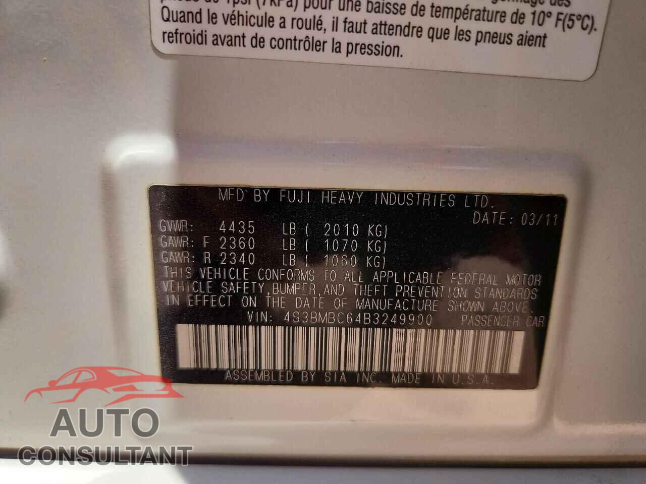SUBARU LEGACY 2011 - 4S3BMBC64B3249900