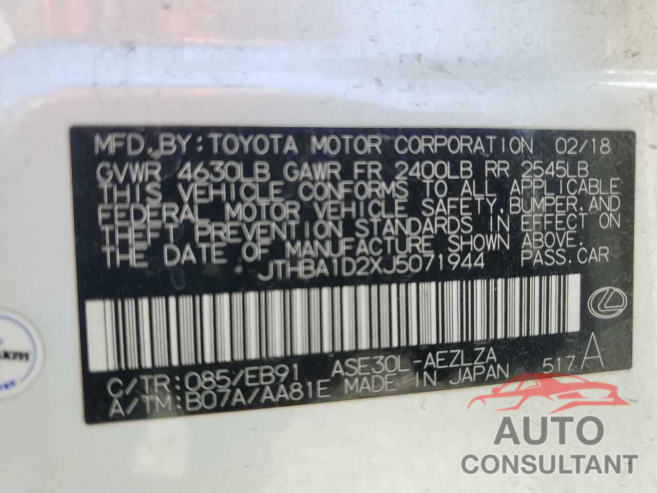 LEXUS IS 2018 - JTHBA1D2XJ5071944