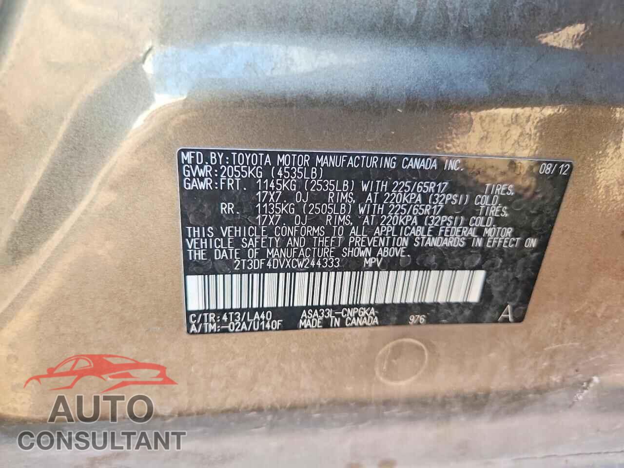 TOYOTA RAV4 2012 - 2T3DF4DVXCW244333
