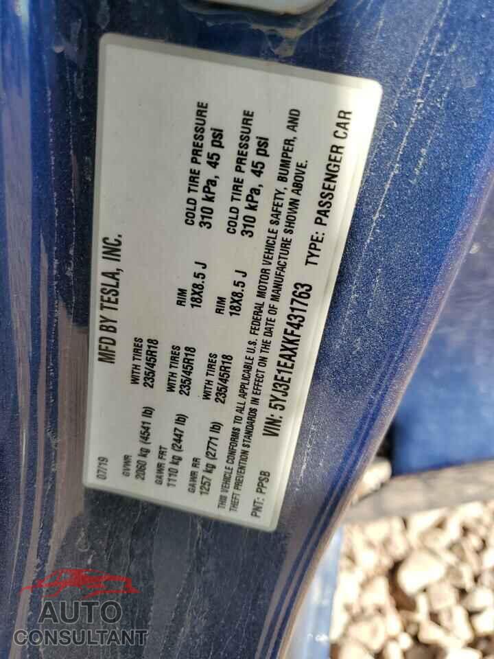 TESLA MODEL 3 2019 - 5YJ3E1EAXKF431763