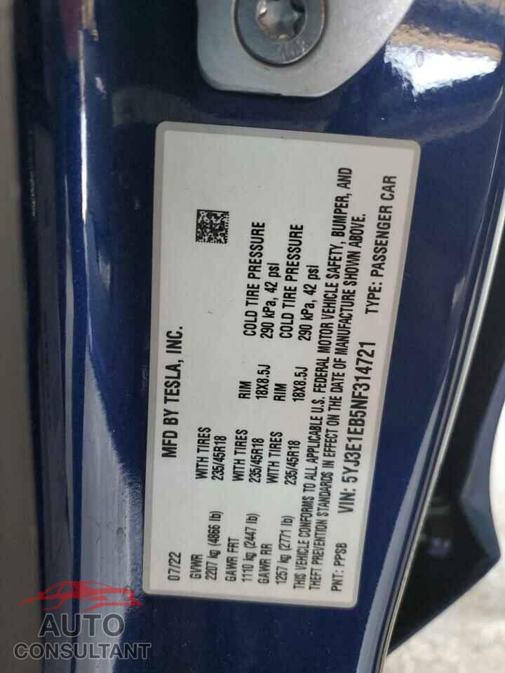 TESLA MODEL 3 2022 - 5YJ3E1EB5NF314721