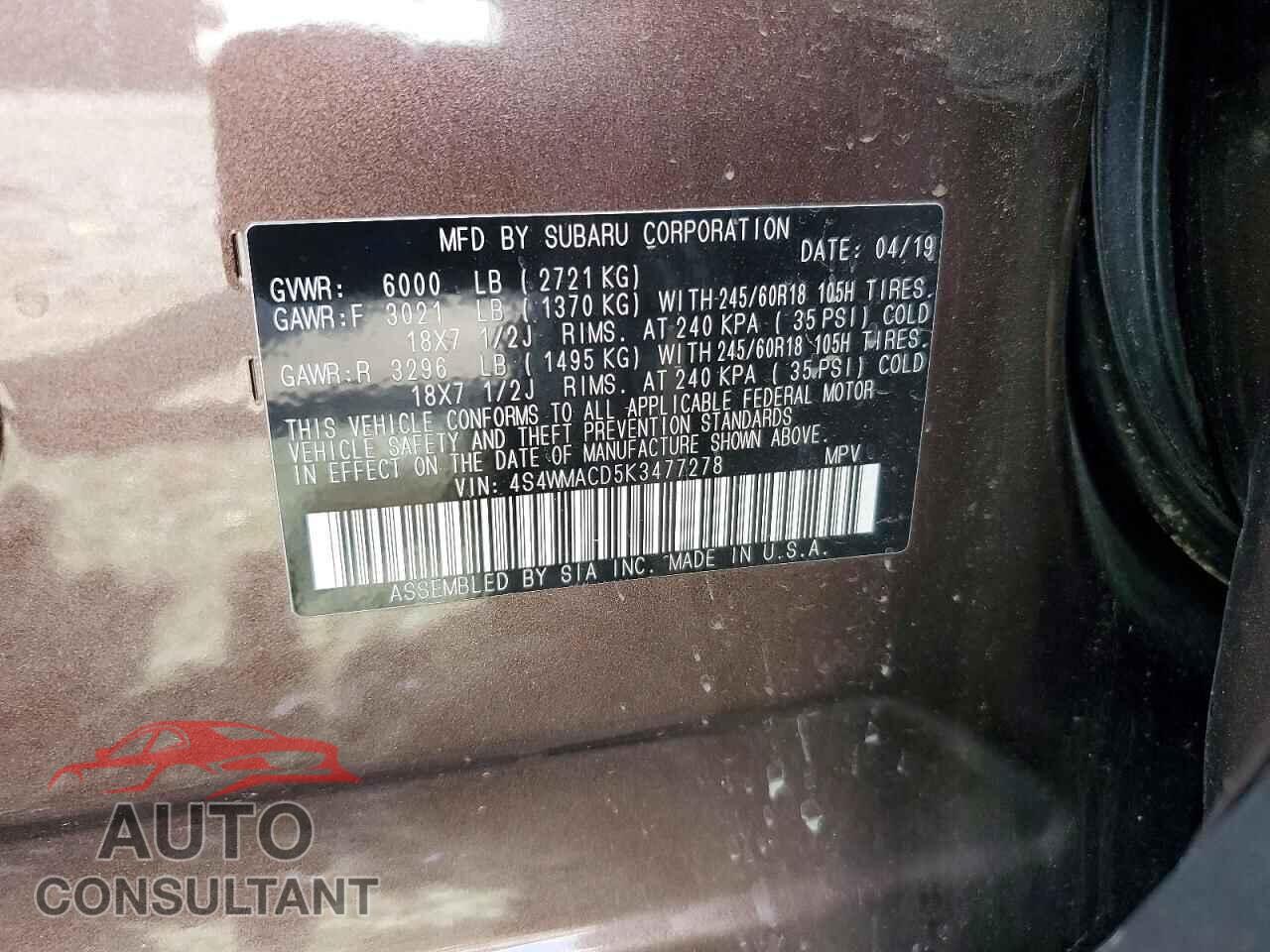 SUBARU ASCENT 2019 - 4S4WMACD5K3477278