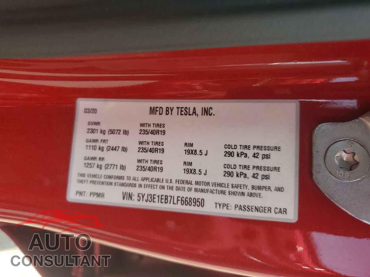 TESLA MODEL 3 2020 - 5YJ3E1EB7LF668950