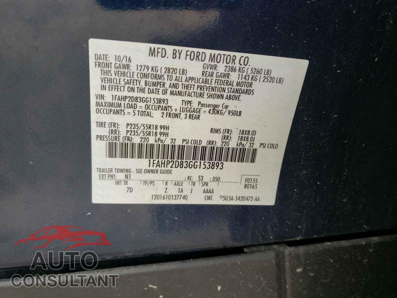 FORD TAURUS 2016 - 1FAHP2D83GG153893