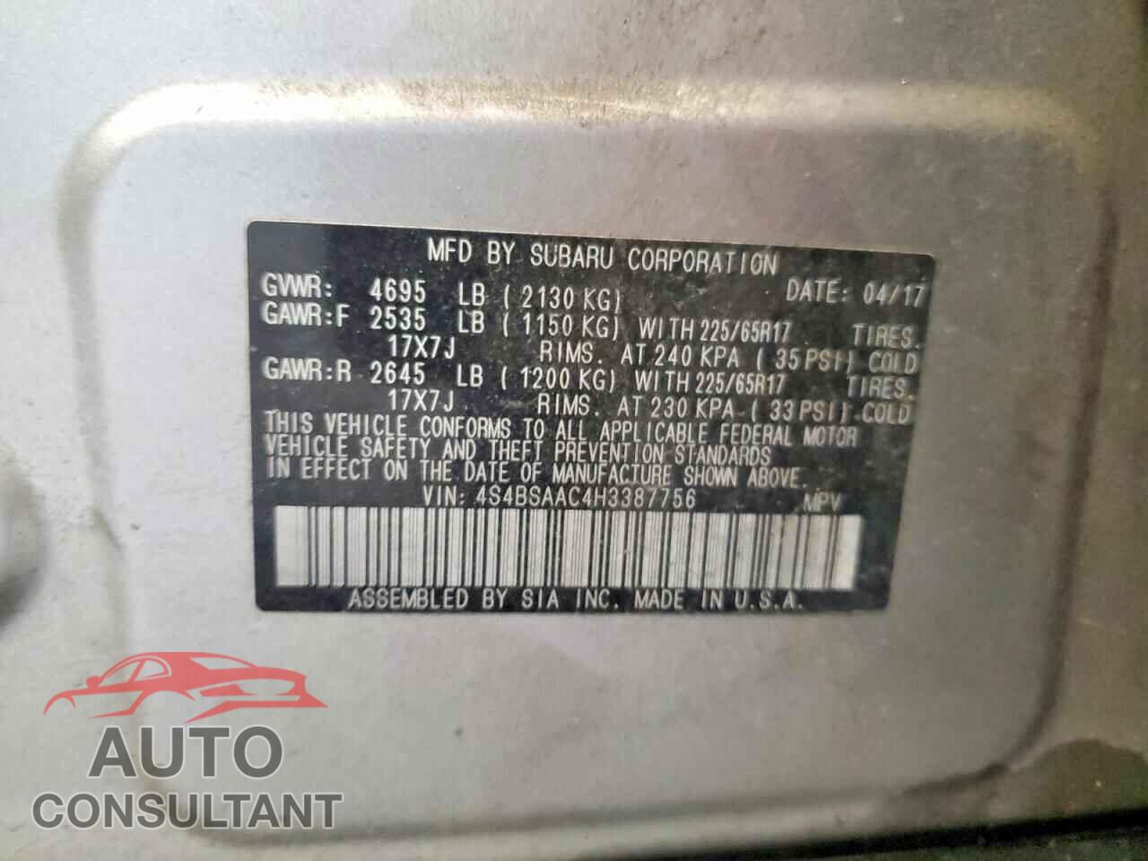 SUBARU OUTBACK 2017 - 4S4BSAAC4H3387756