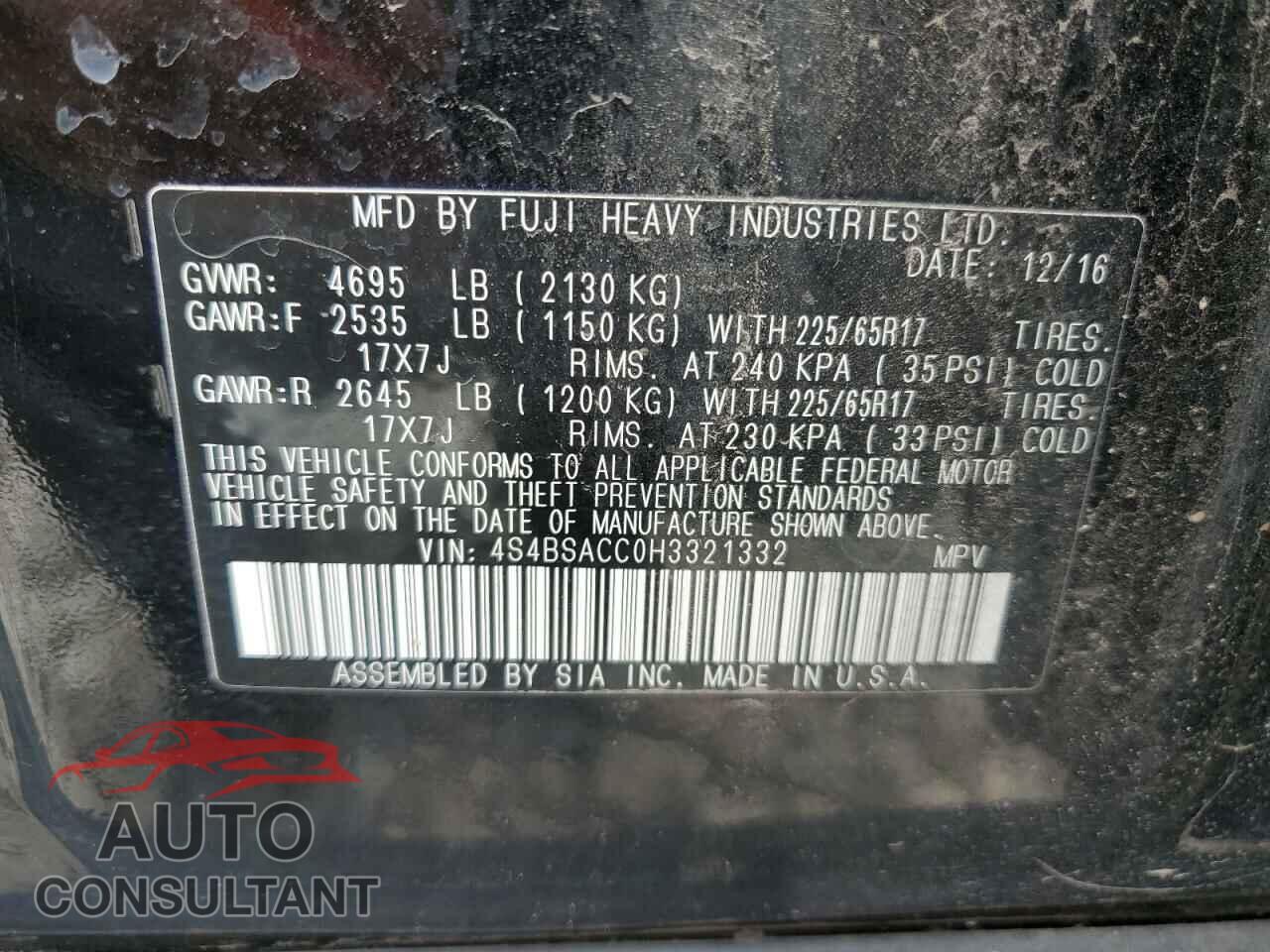 SUBARU OUTBACK 2017 - 4S4BSACC0H3321332