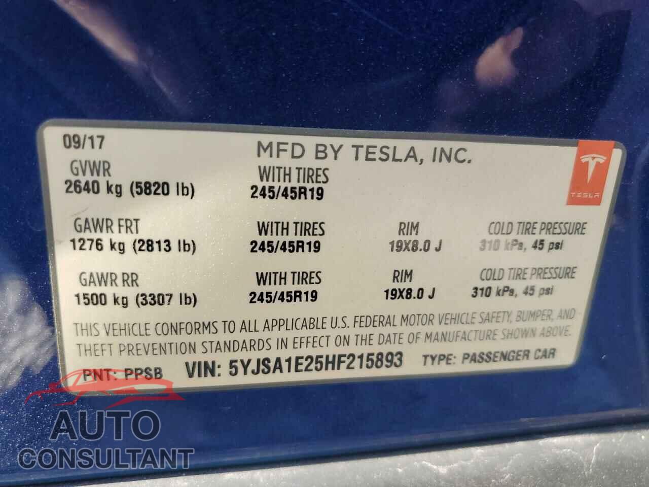 TESLA MODEL S 2017 - 5YJSA1E25HF215893