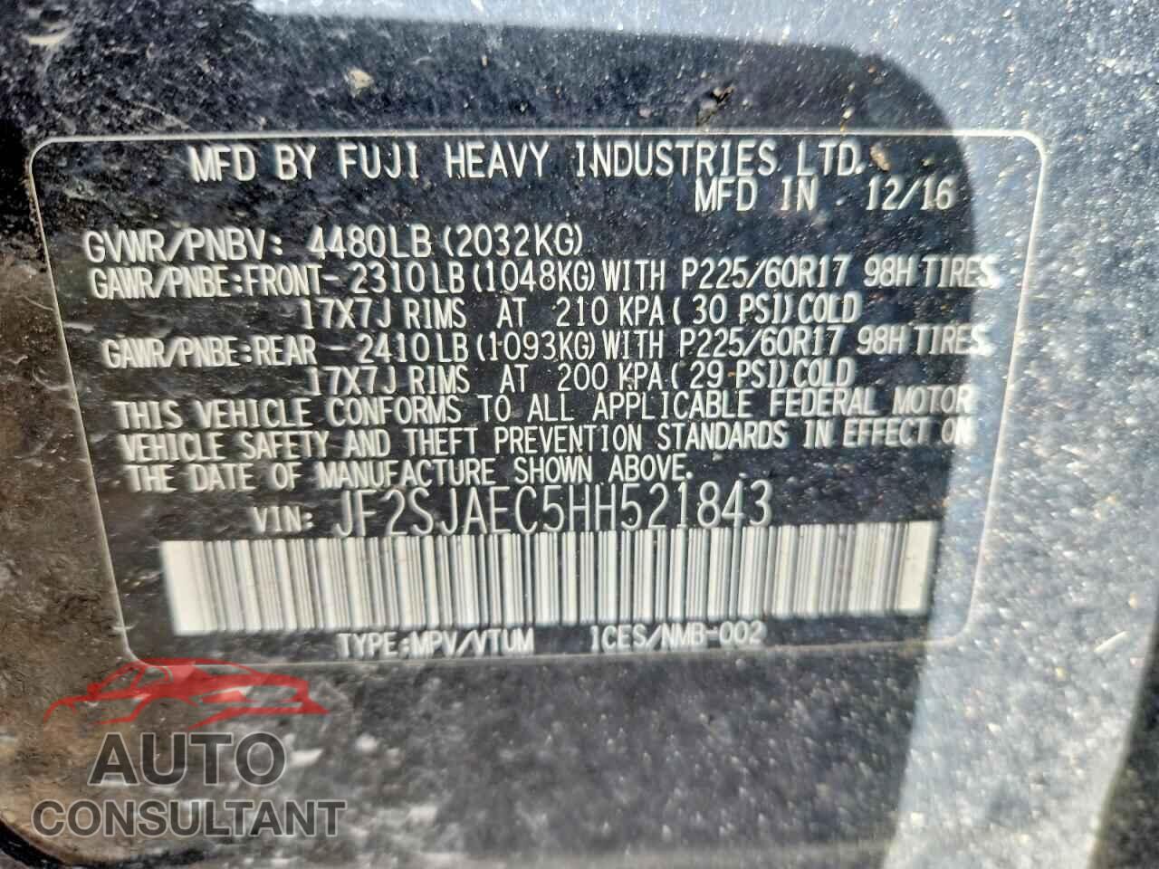 SUBARU FORESTER 2017 - JF2SJAEC5HH521843