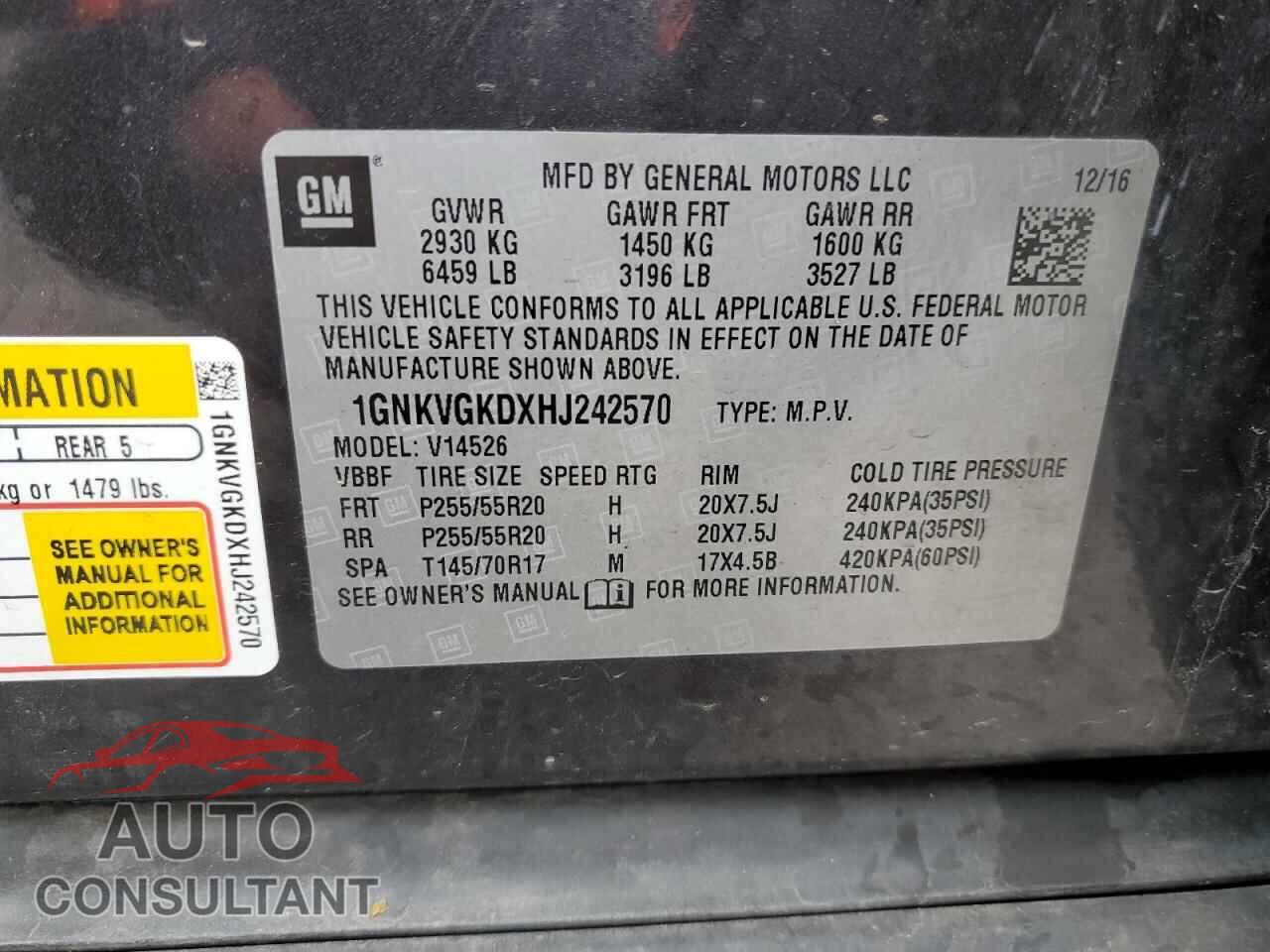CHEVROLET TRAVERSE 2017 - 1GNKVGKDXHJ242570
