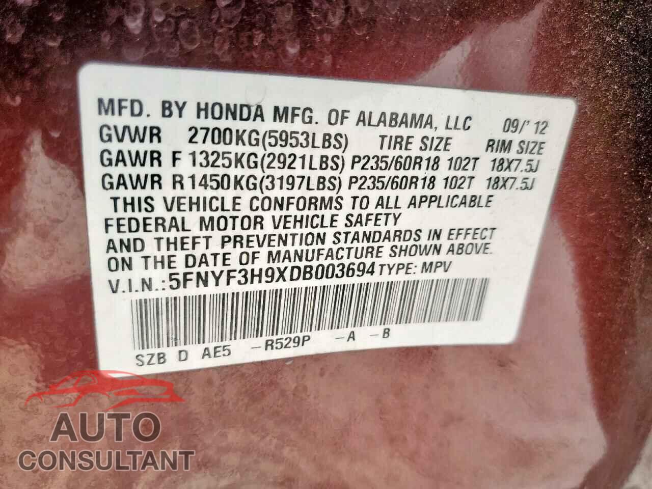 HONDA PILOT 2013 - 5FNYF3H9XDB003694