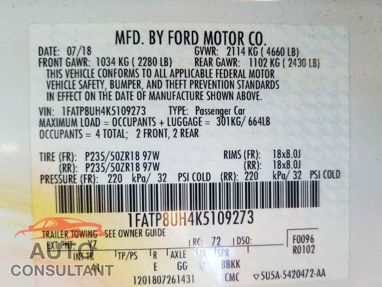 FORD MUSTANG 2019 - 1FATP8UH4K5109273