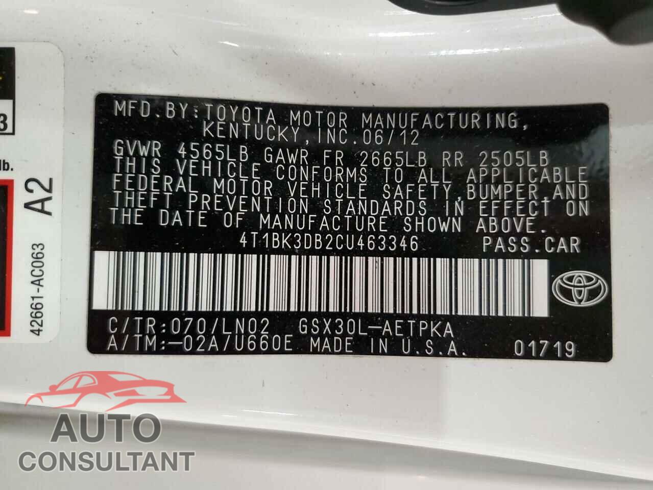 TOYOTA AVALON 2012 - 4T1BK3DB2CU463346