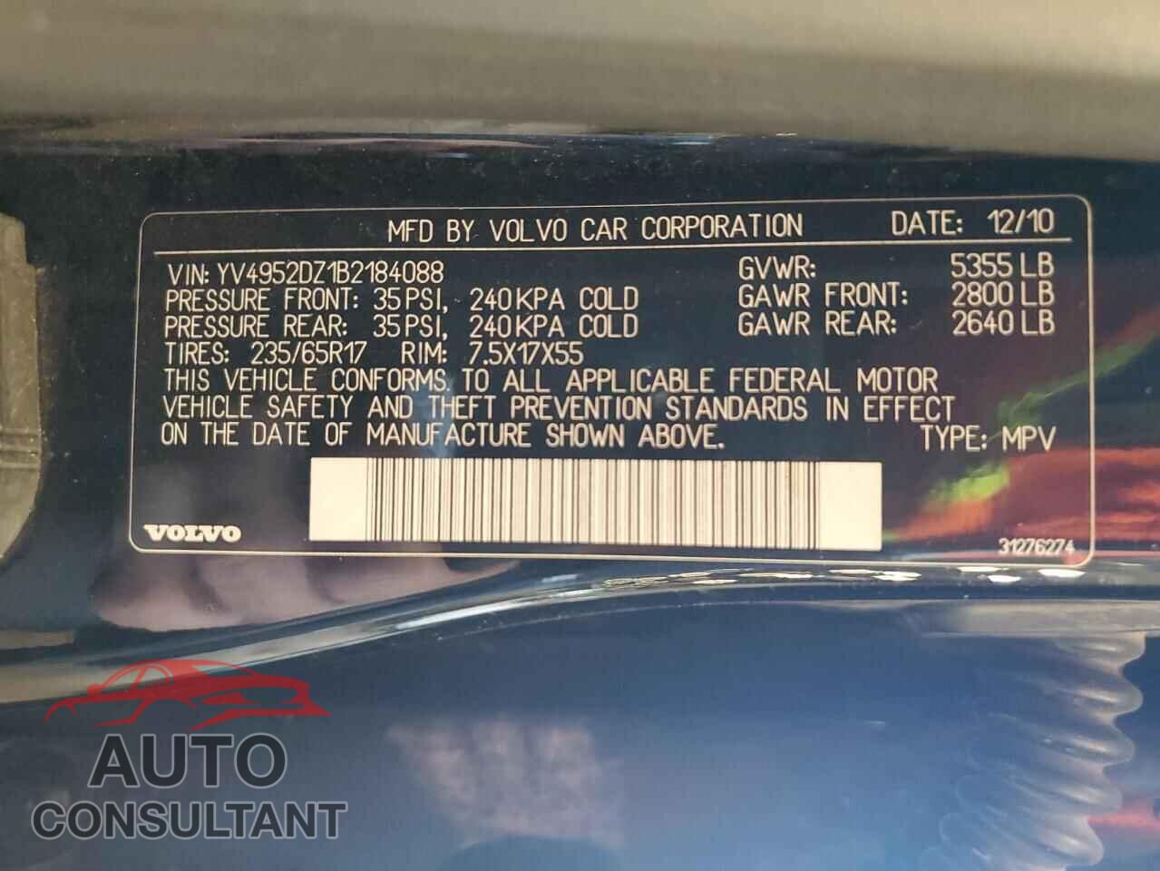 VOLVO XC60 2011 - YV4952DZ1B2184088
