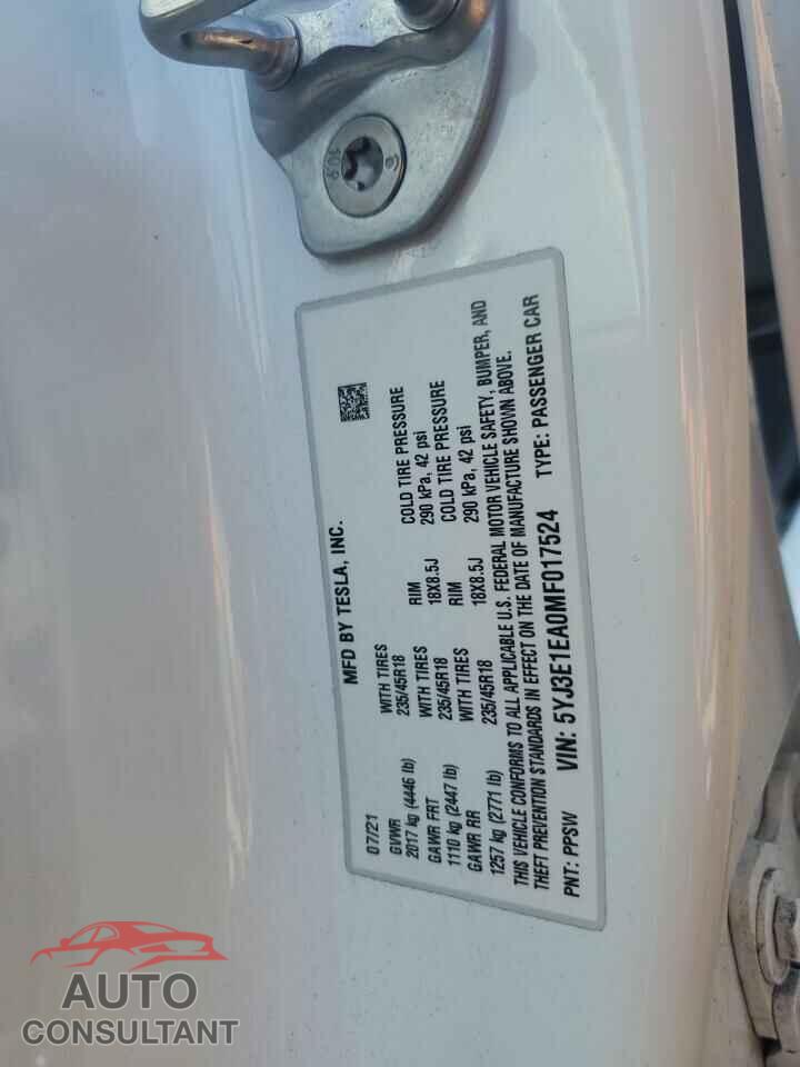 TESLA MODEL 3 2021 - 5YJ3E1EA0MF017524