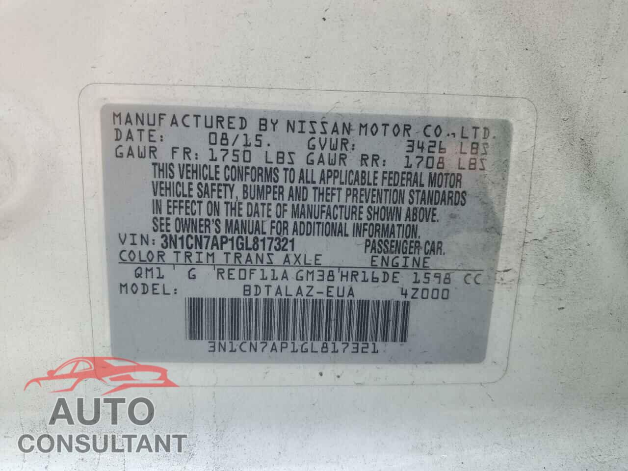 NISSAN VERSA 2016 - 3N1CN7AP1GL817321