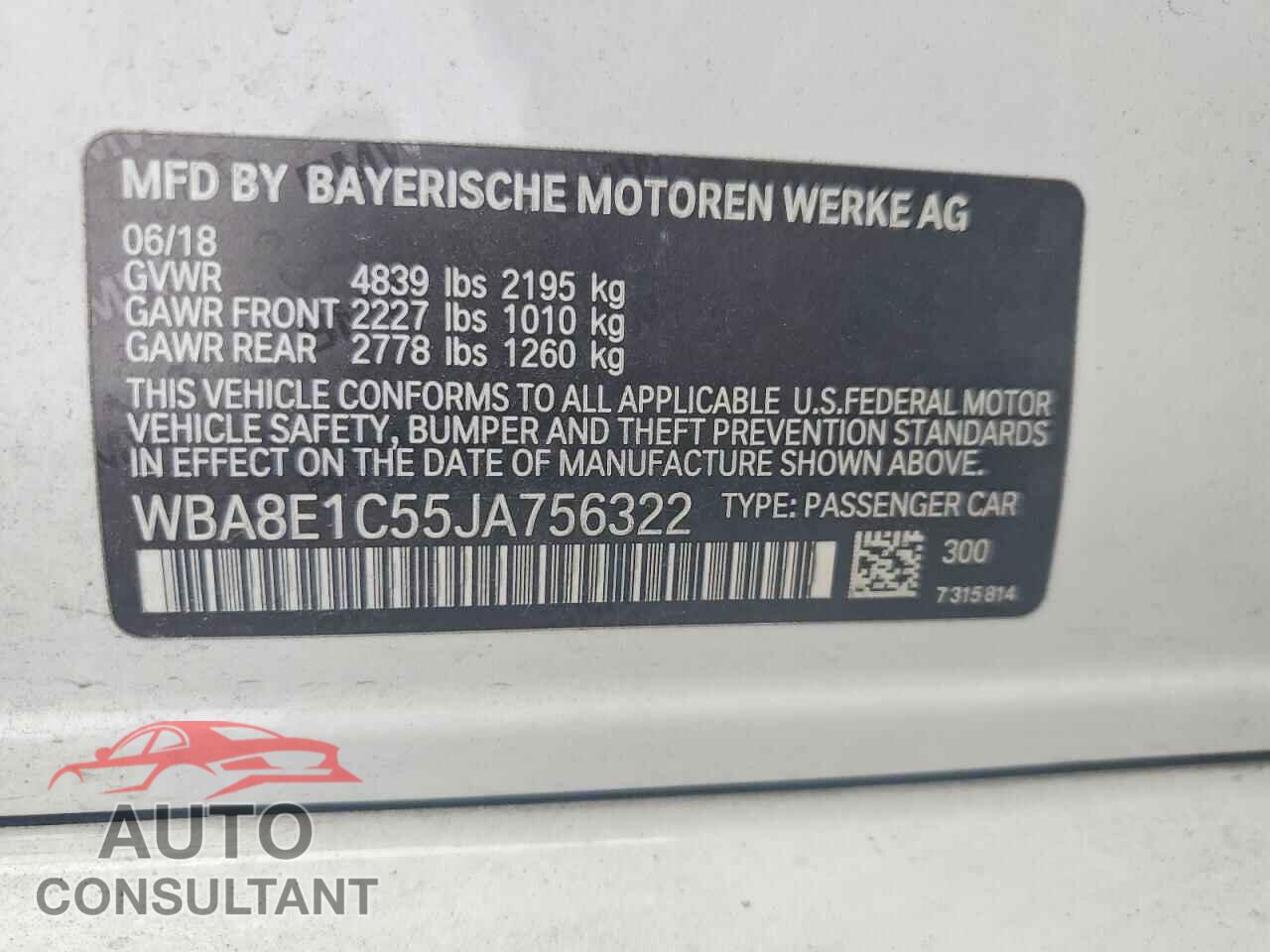BMW 3 SERIES 2018 - WBA8E1C55JA756322