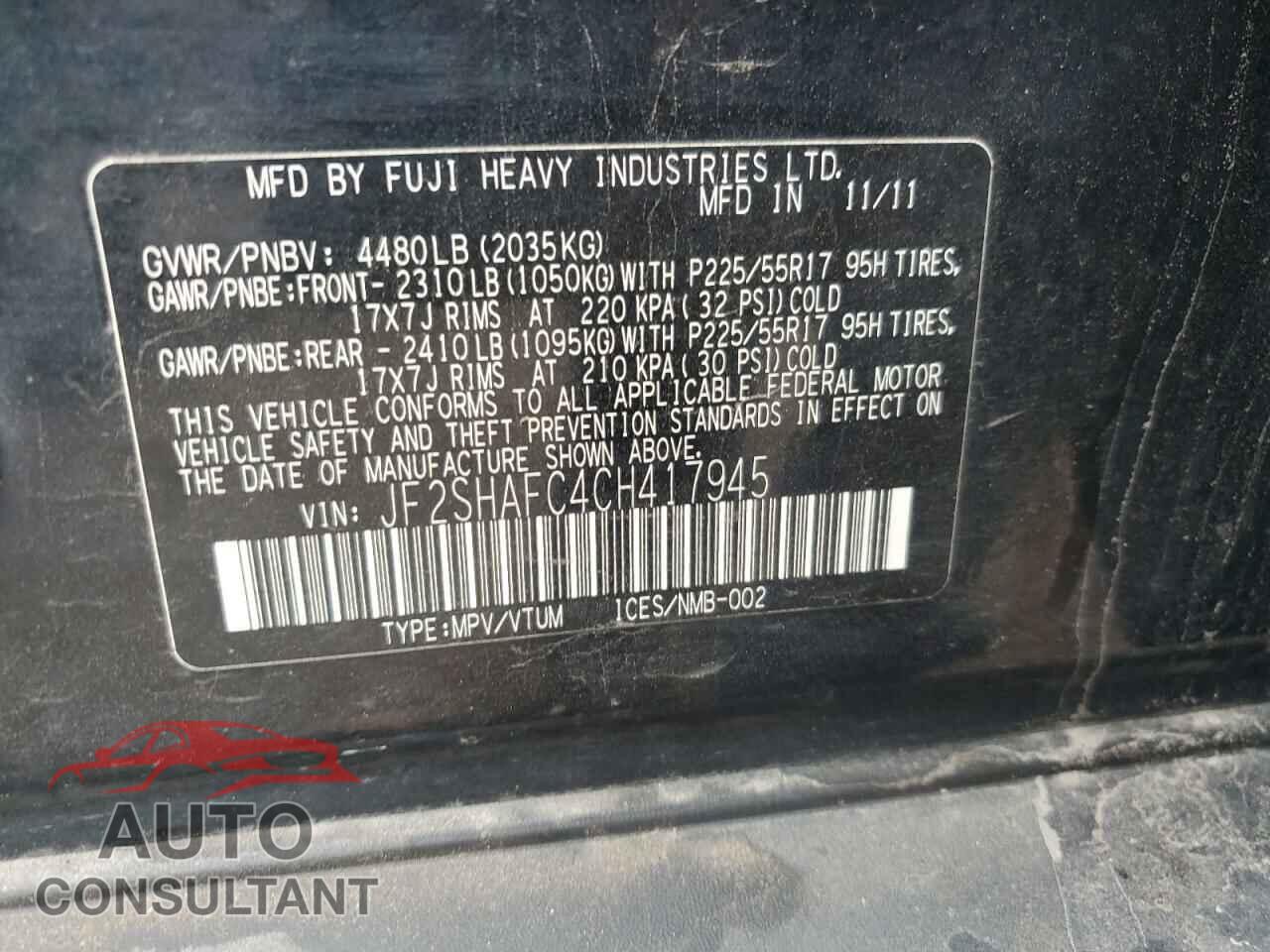 SUBARU FORESTER 2012 - JF2SHAFC4CH417945