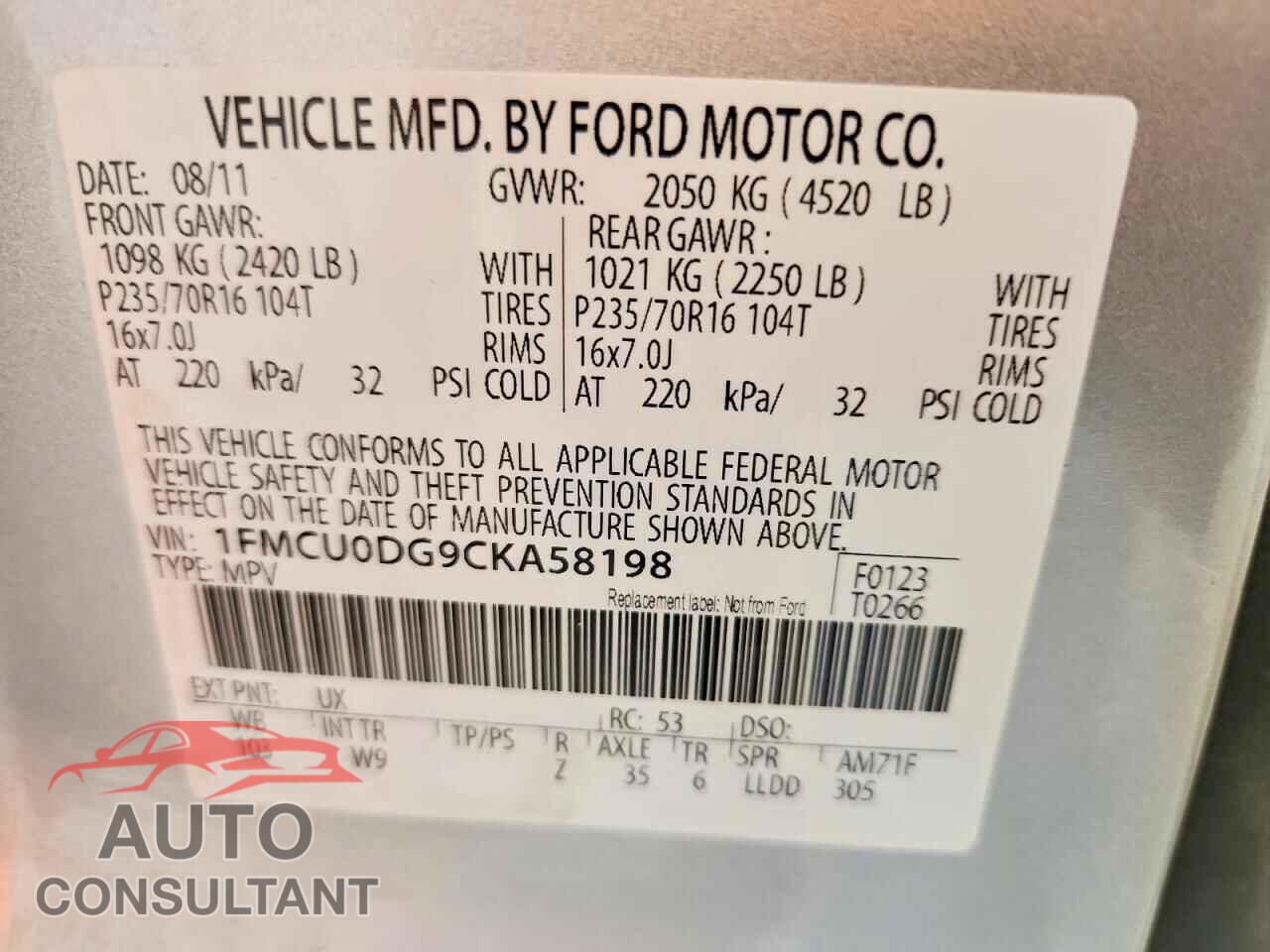 FORD ESCAPE 2012 - 1FMCU0DG9CKA58198