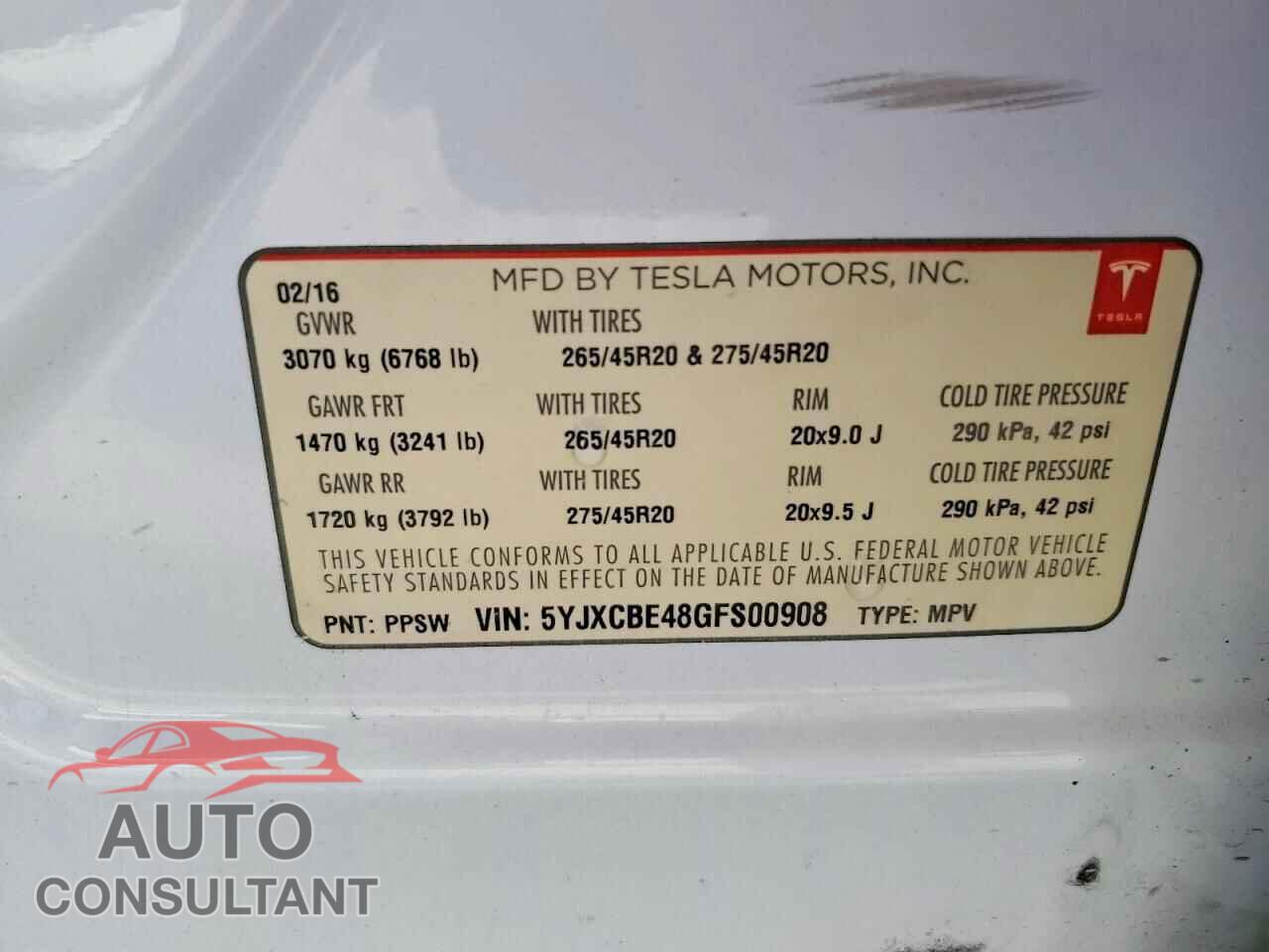 TESLA MODEL X 2016 - 5YJXCBE48GFS00908
