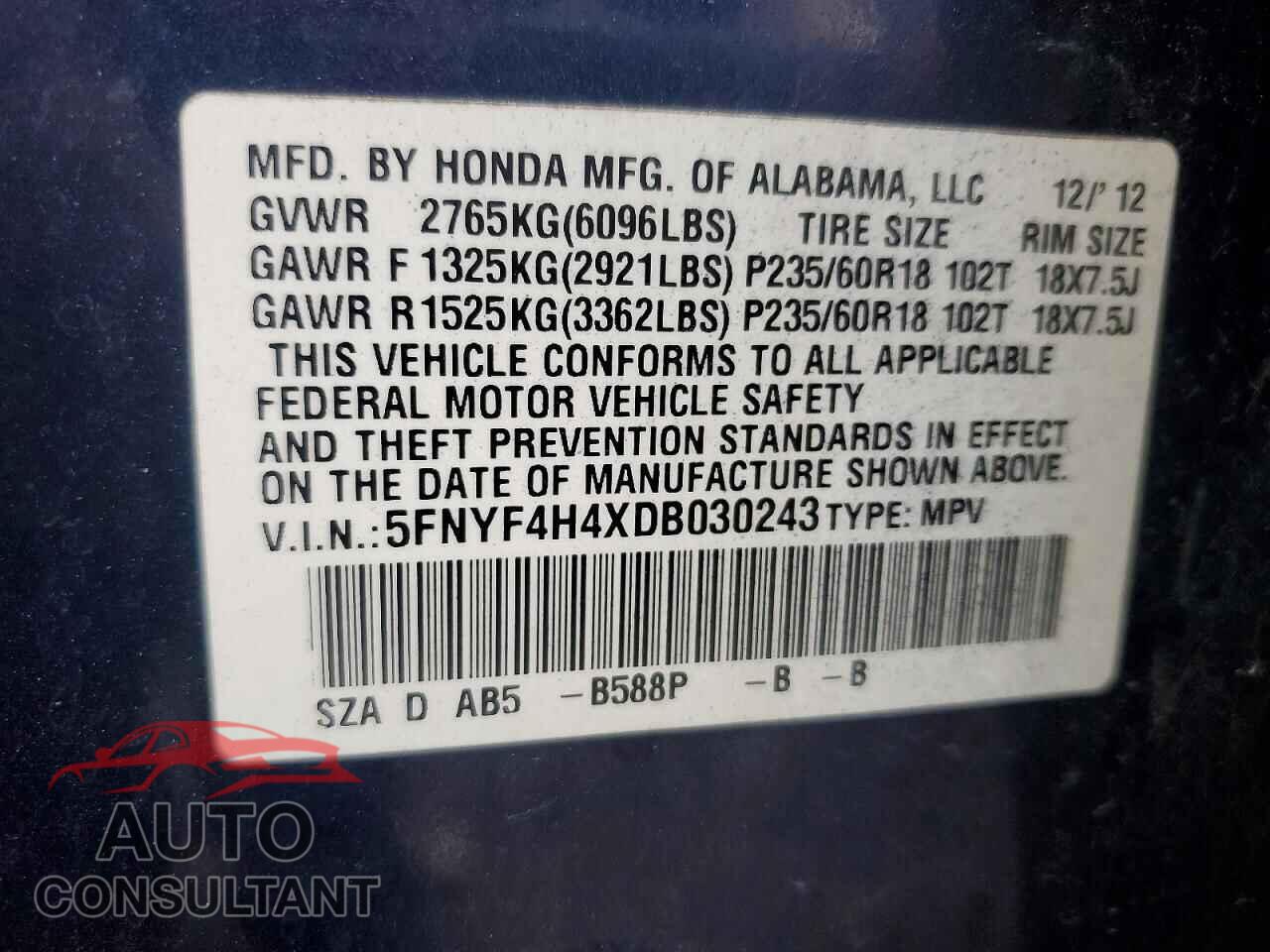 HONDA PILOT 2013 - 5FNYF4H4XDB030243