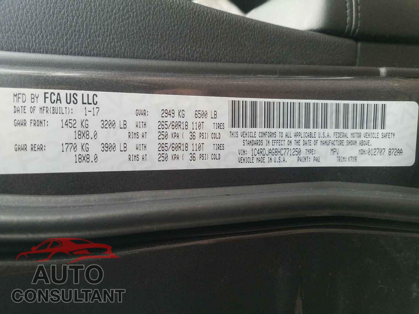 DODGE DURANGO 2017 - 1C4RDJAG8HC771250