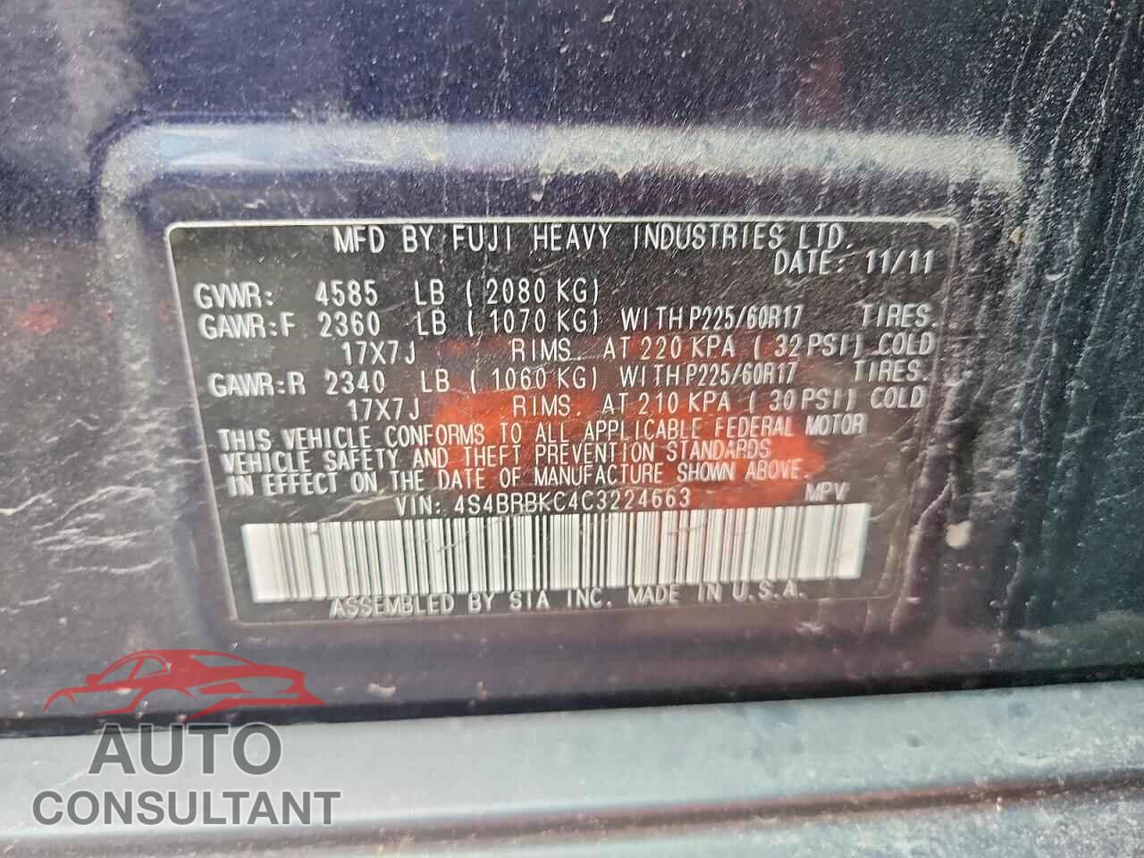 SUBARU OUTBACK 2012 - 4S4BRBKC4C3224663