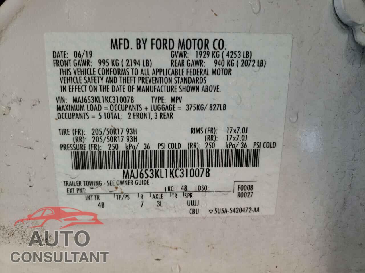 FORD ECOSPORT 2019 - MAJ6S3KL1KC310078