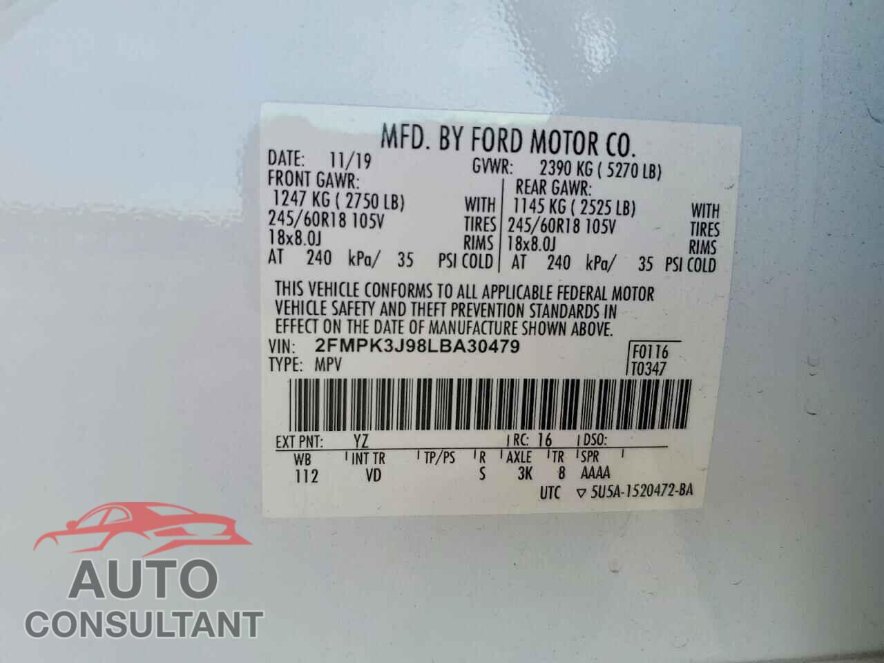 FORD EDGE 2020 - 2FMPK3J98LBA30479