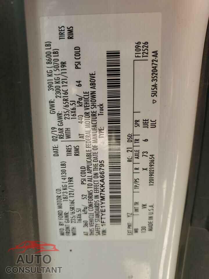 FORD TRANSIT 2019 - 1FTYE1YM7KKA66795