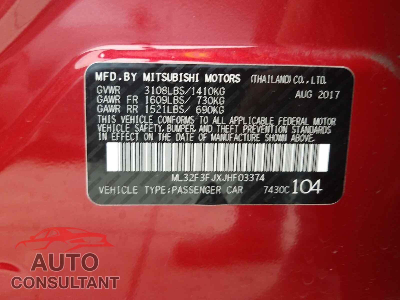 MITSUBISHI MIRAGE 2018 - ML32F3FJXJHF03374