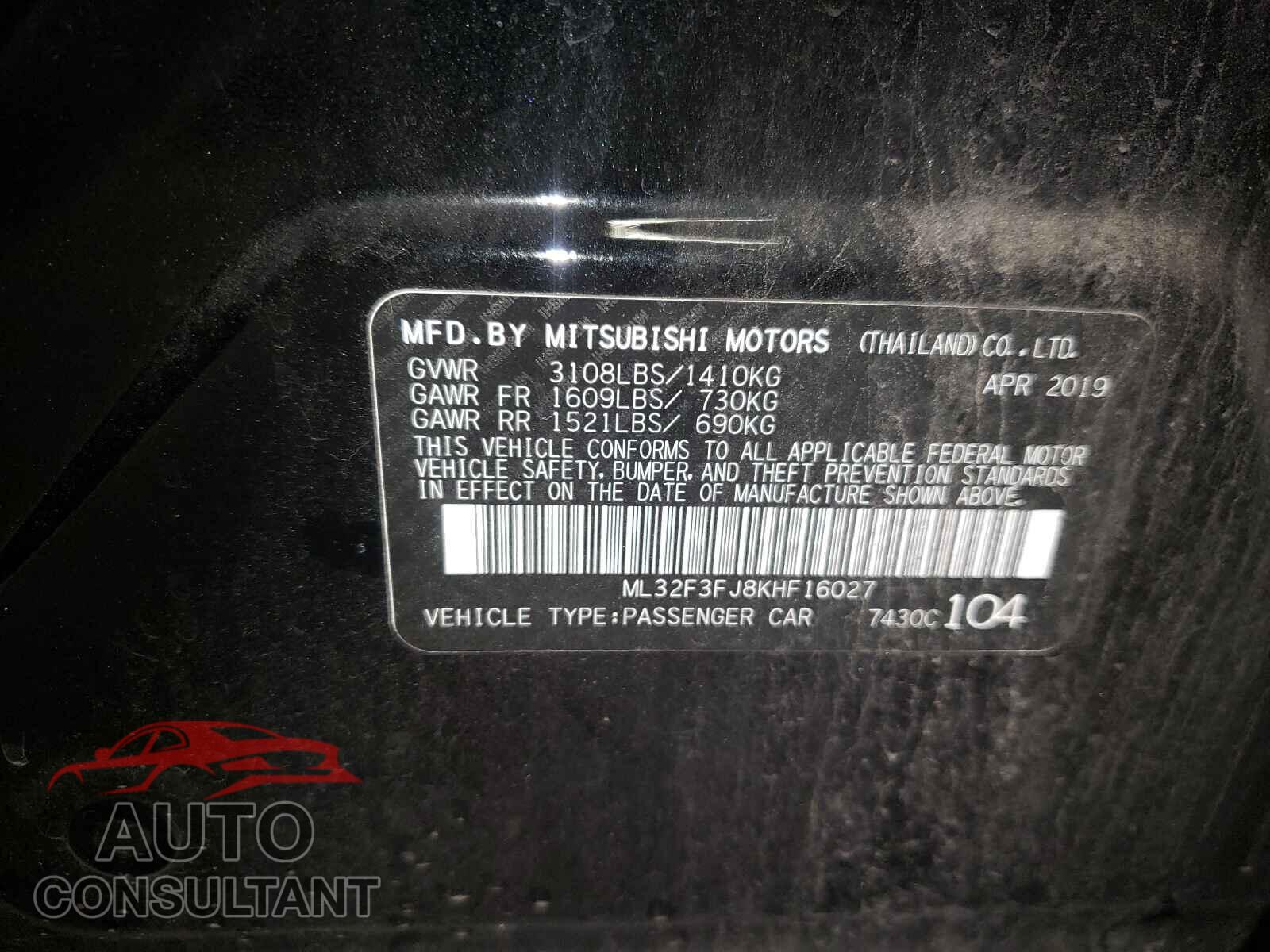 MITSUBISHI MIRAGE 2019 - ML32F3FJ8KHF16027