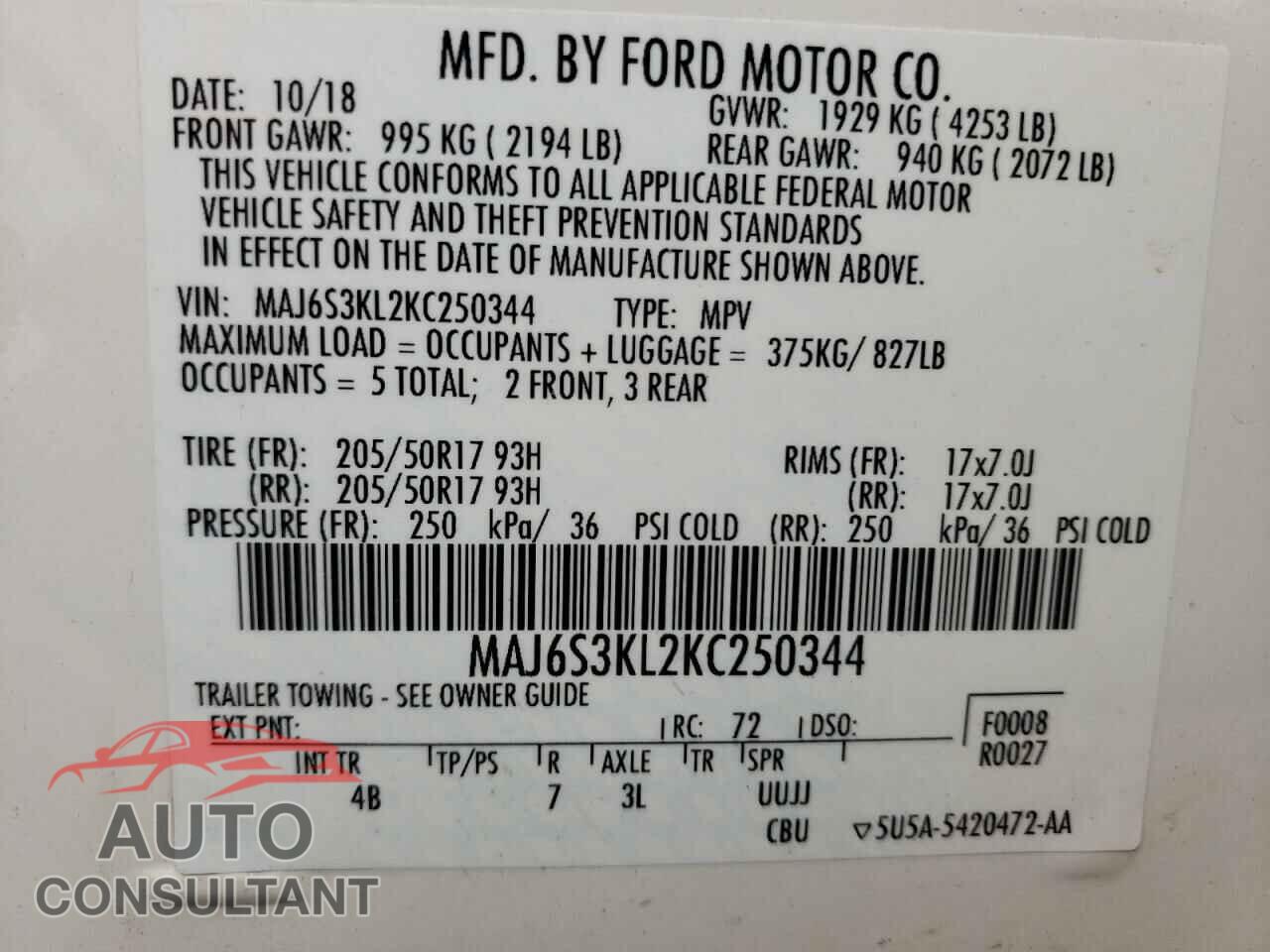FORD ECOSPORT 2019 - MAJ6S3KL2KC250344