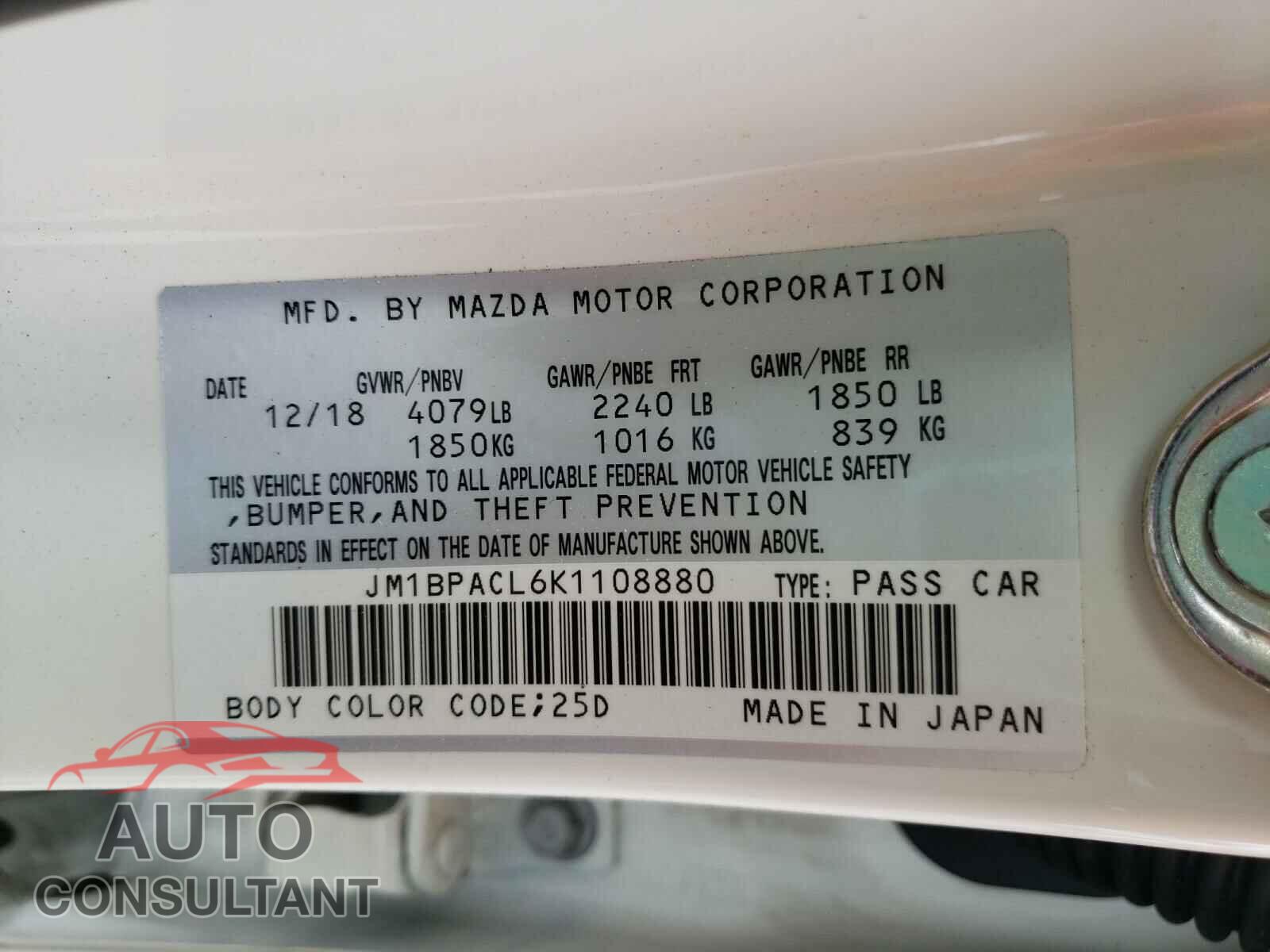 MAZDA 3 2019 - JM1BPACL6K1108880