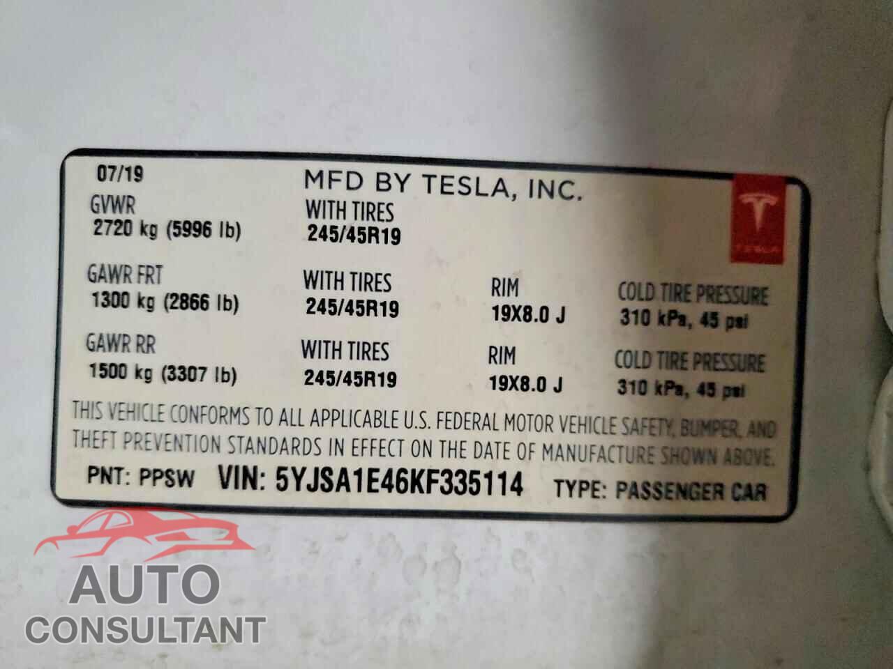 TESLA MODEL S 2019 - 5YJSA1E46KF335114