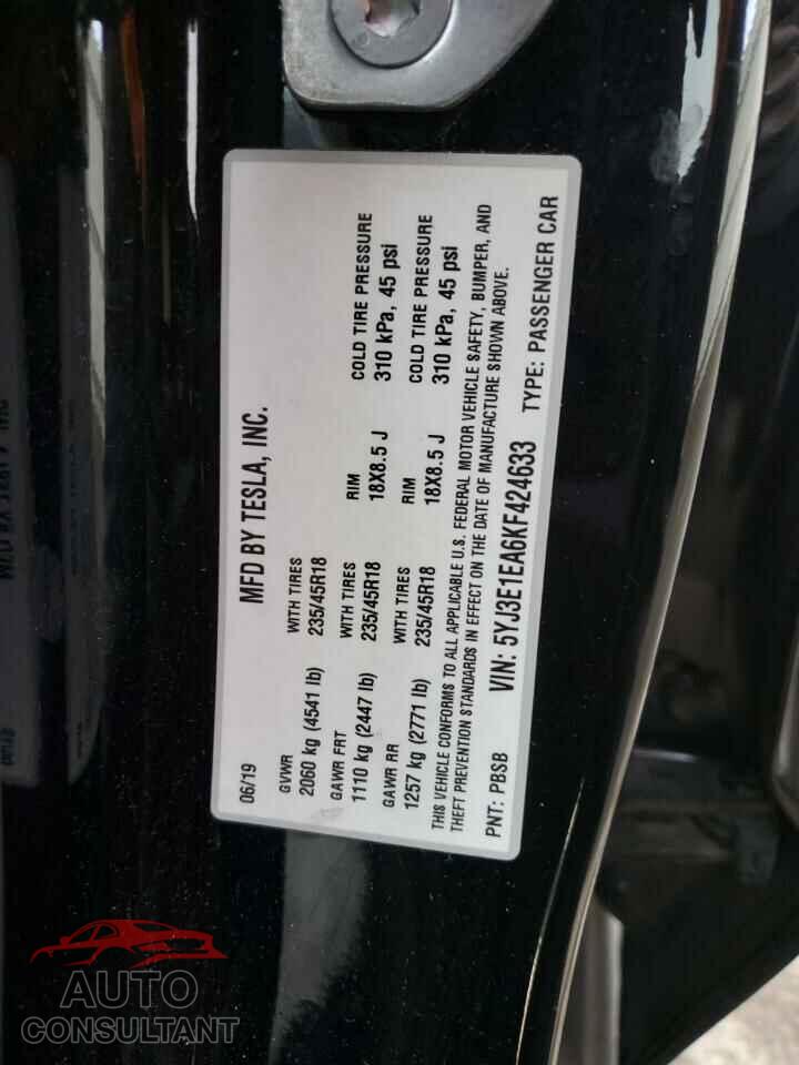 TESLA MODEL 3 2019 - 5YJ3E1EA6KF424633