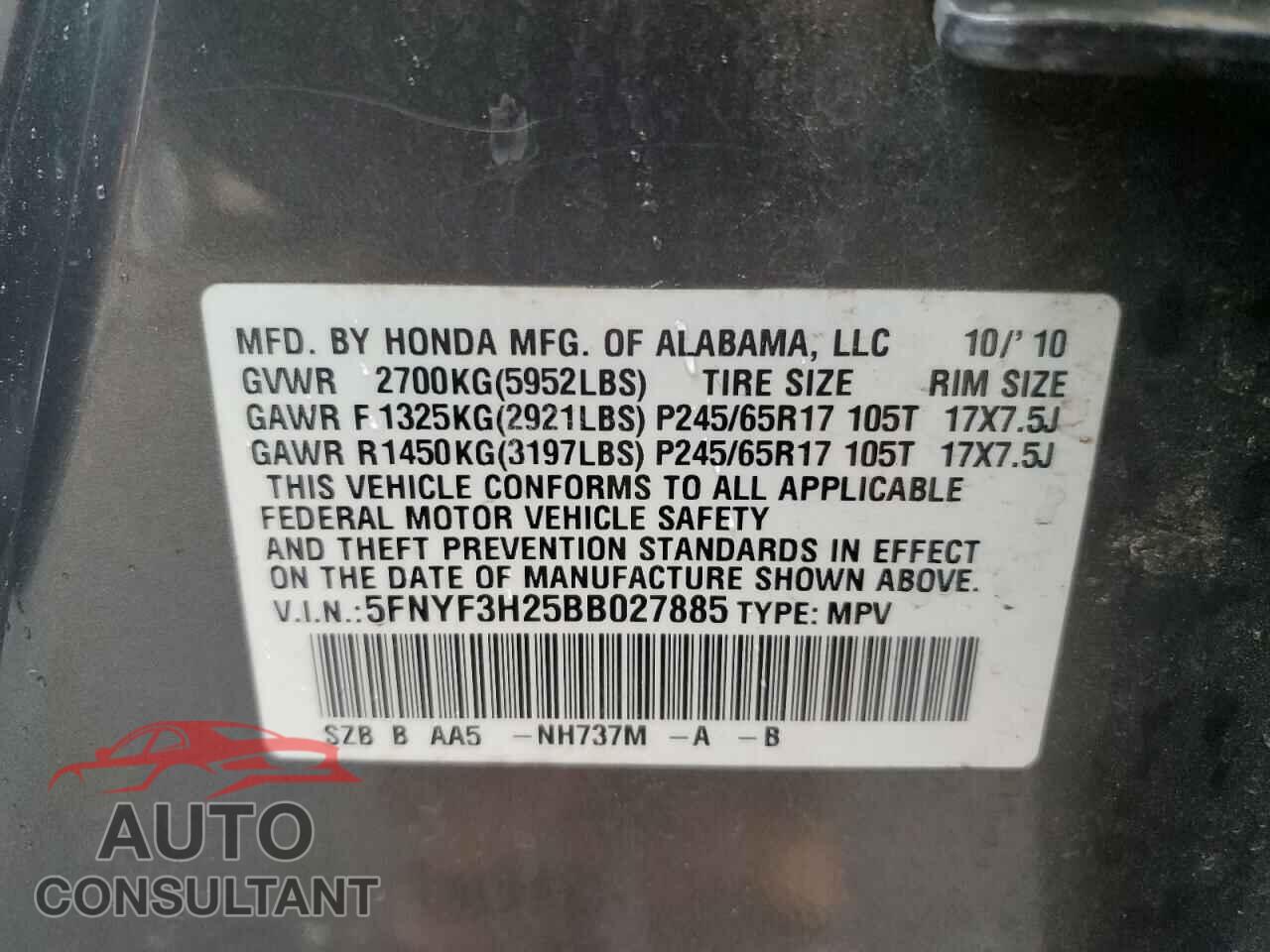 HONDA PILOT 2011 - 5FNYF3H25BB027885