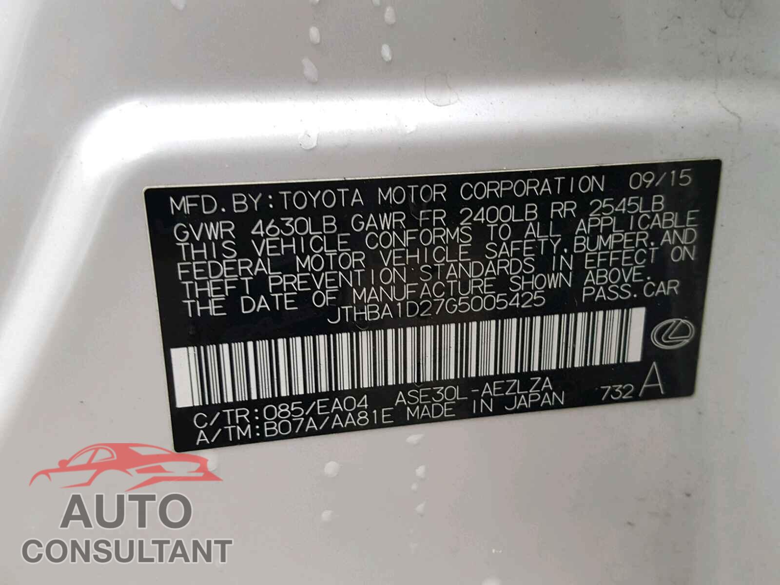 LEXUS IS 2016 - JTHBA1D27G5005425