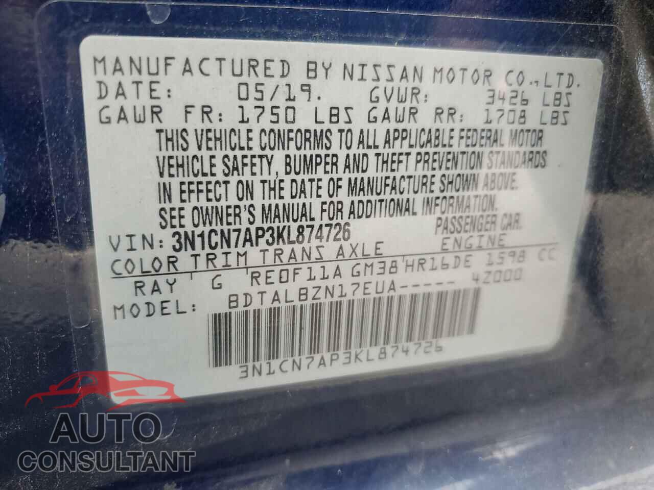 NISSAN VERSA 2019 - 3N1CN7AP3KL874726