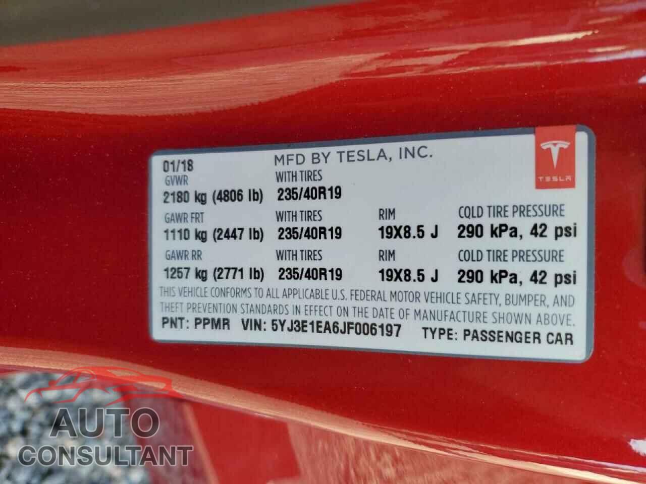 TESLA MODEL 3 2018 - 5YJ3E1EA6JF006197