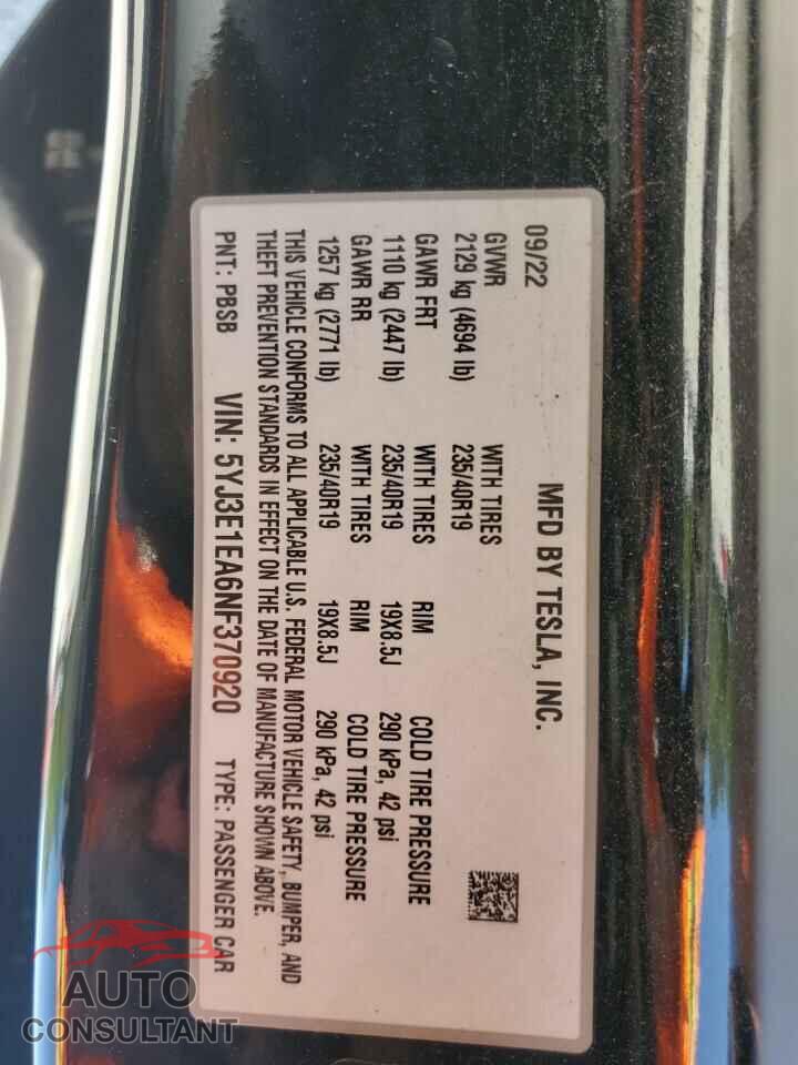 TESLA MODEL 3 AW 2022 - 5YJ3E1EA6NF370920