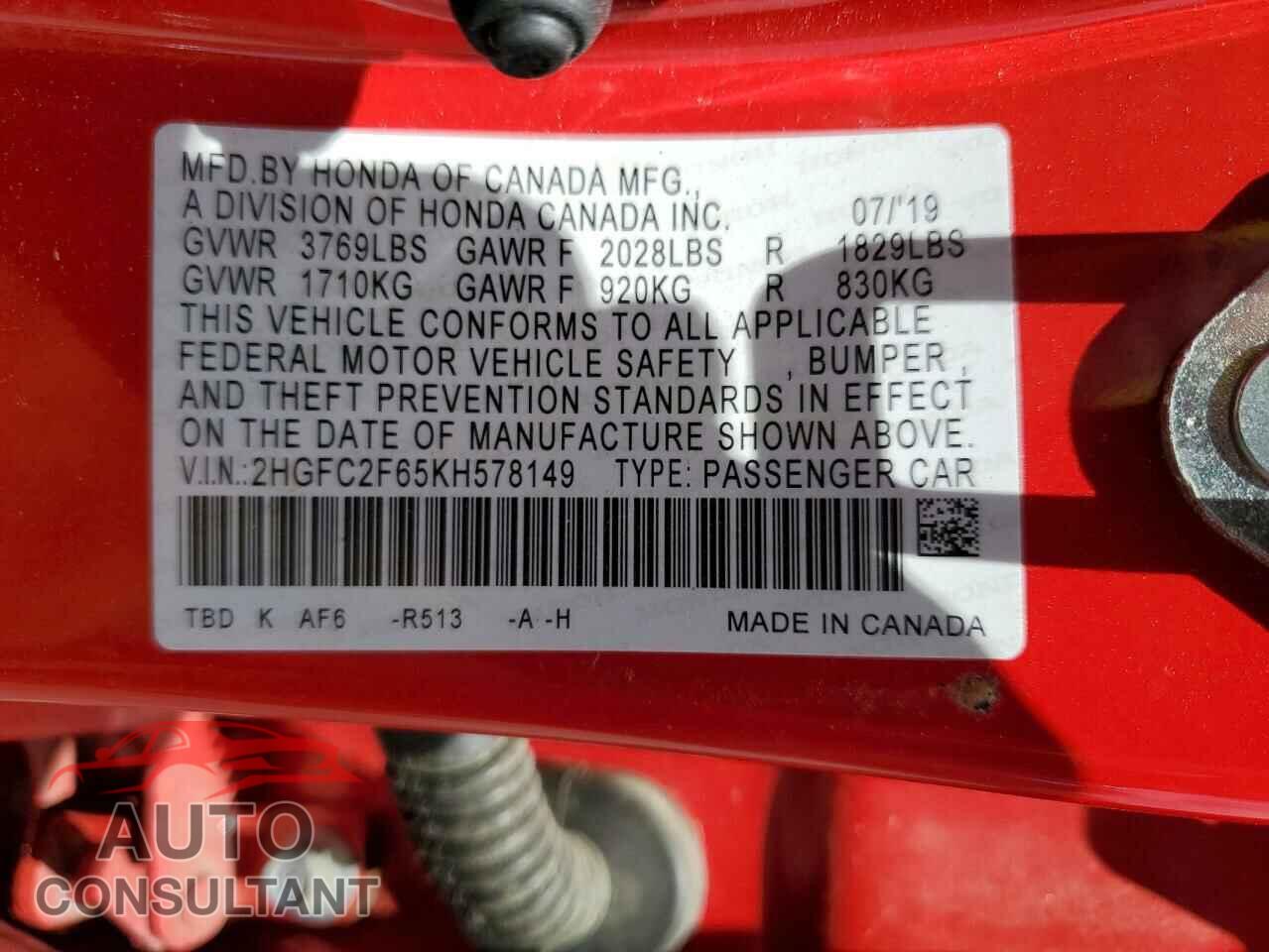 HONDA CIVIC 2019 - 2HGFC2F65KH578149