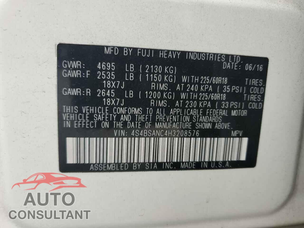 SUBARU OUTBACK 2017 - 4S4BSANC4H3208576