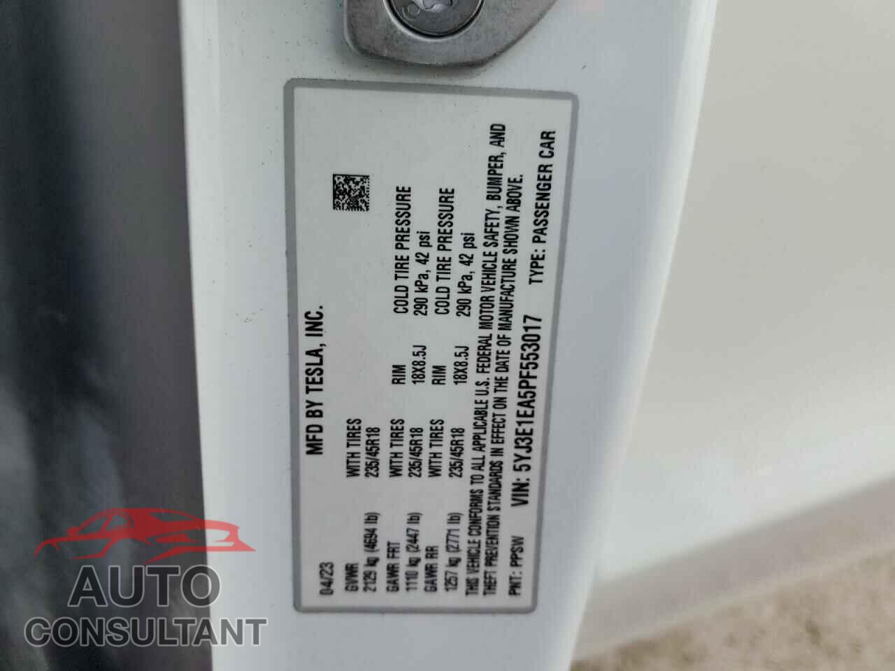 TESLA MODEL 3 2023 - 5YJ3E1EA5PF553017